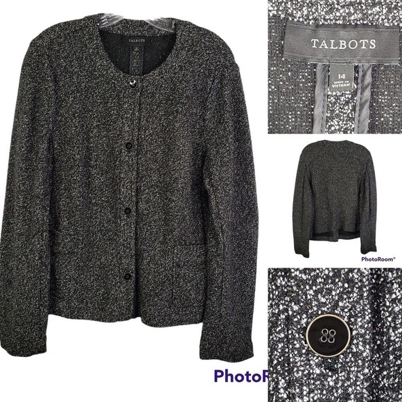 Talbots Women's 14 Cardigan Blazer Button Up Sweater Black Sparkle Holiday - Picture 1 of 7